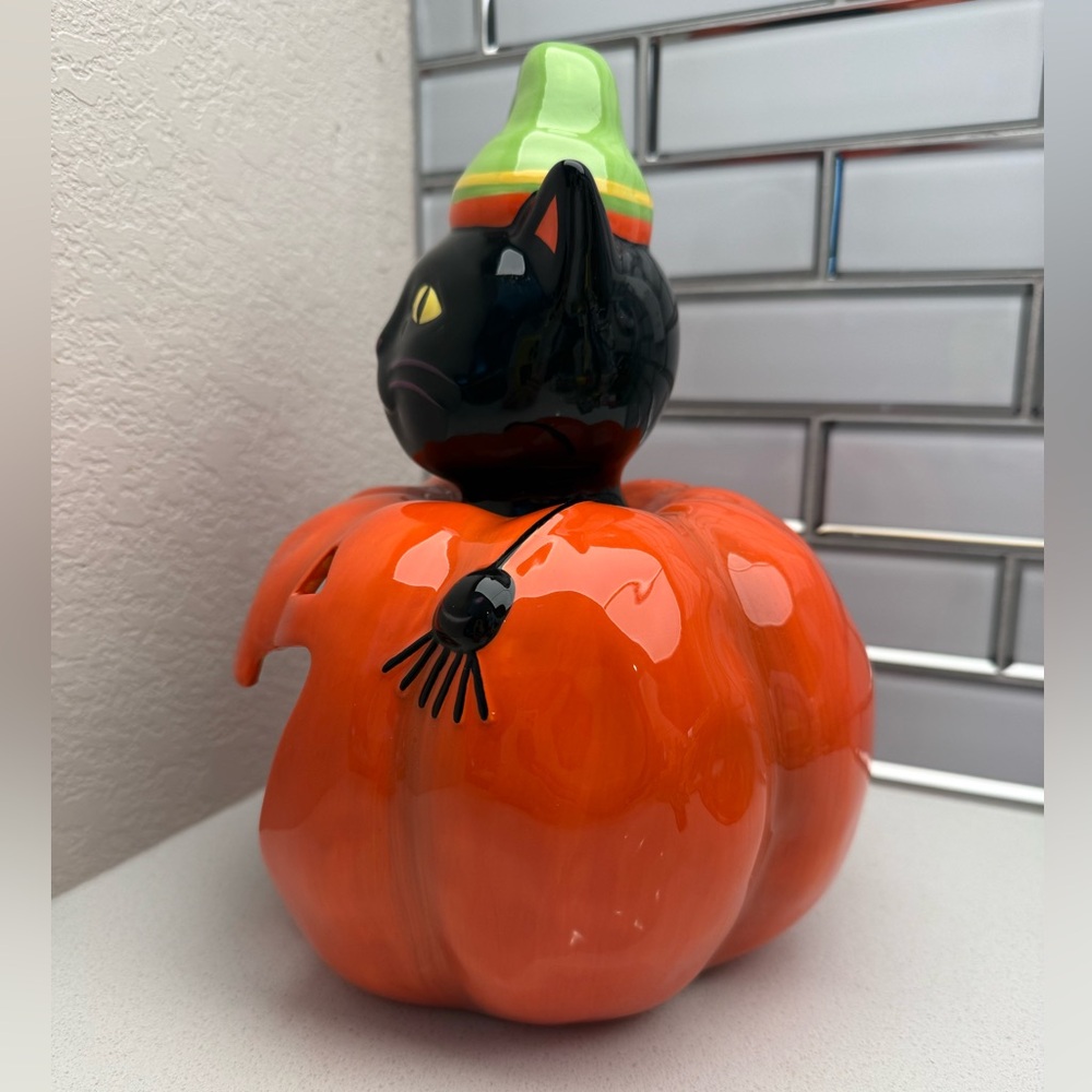 Ceramic Happy Halloween Candy Dish Candle Holder Pumpkin Black Cat - Picture 4 of 14